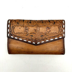 Vintage 80s Miss Tony Lama Antiqued 'BJC' Tooled Genuine Leather Trifold Wallet
